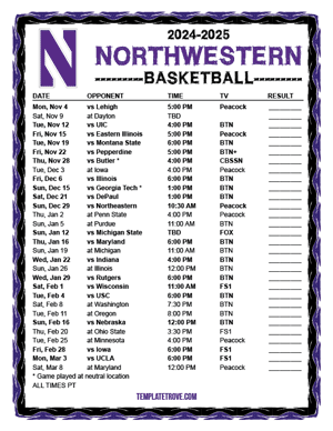 Northwestern Wildcats Basketball 2024-25 Printable Schedule - Pacific Times