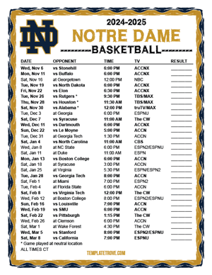 Notre Dame Fighting Irish Basketball 2024-25 Printable Schedule - Central Times