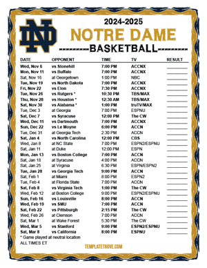 Notre Dame Fighting Irish Basketball 2024-25 Printable Schedule