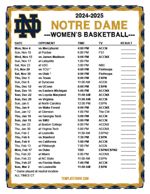 Notre Dame Fighting Irish Women's Basketball 2024-25 Printable Schedule - Central Times