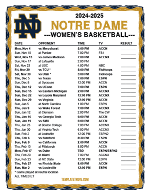 Notre Dame Fighting Irish Women's Basketball 2024-25 Printable Schedule