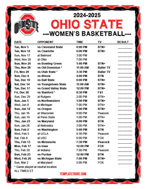 Ohio State Buckeyes Women's Basketball 2024-25 Printable Schedule