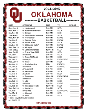 Oklahoma Sooners Basketball 2024-25 Printable Schedule - Central Times