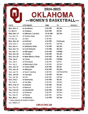 Oklahoma Sooners Women's Basketball 2024-25 Printable Schedule - Central Times