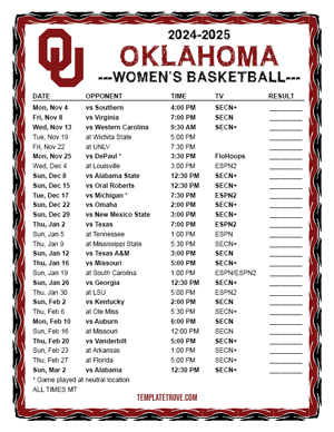 Oklahoma Sooners Women's Basketball 2024-25 Printable Schedule - Mountain Times