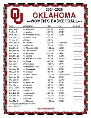 Oklahoma Sooners Women's Basketball 2024-25 Printable Schedule - Pacific Times