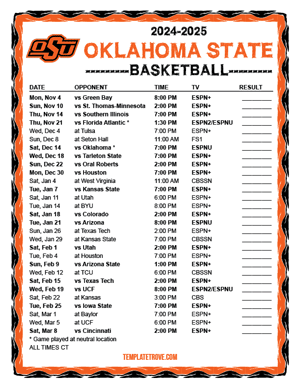 Oklahoma State Cowboys Basketball 2024-25 Printable Schedule - Central Times