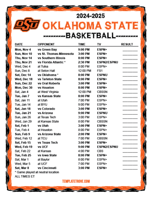 Oklahoma State Cowboys Basketball 2024-25 Printable Schedule