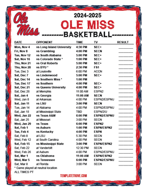 Ole Miss Rebels Basketball 2024-25 Printable Schedule - Pacific Times