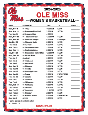 Ole Miss Rebels Women's Basketball 2024-25 Printable Schedule - Central Times