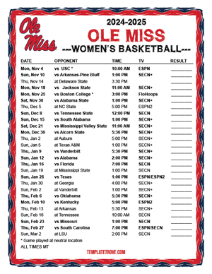 Ole Miss Rebels Women's Basketball 2024-25 Printable Schedule - Mountain Times