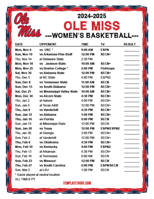 Ole Miss Rebels Women's Basketball 2024-25 Printable Schedule - Pacific Times