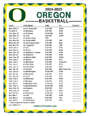 Oregon Ducks Basketball 2024-25 Printable Schedule - Central Times