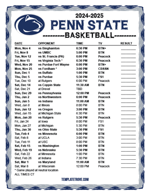 Penn State Nittany Lions Basketball 2024-25 Printable Schedule - Central Times