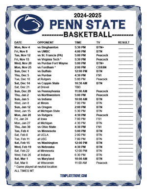 Penn State Nittany Lions Basketball 2024-25 Printable Schedule - Mountain Times