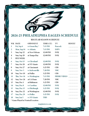 Philadelphia Eagles 2024-25
 Printable Schedule - Central Times