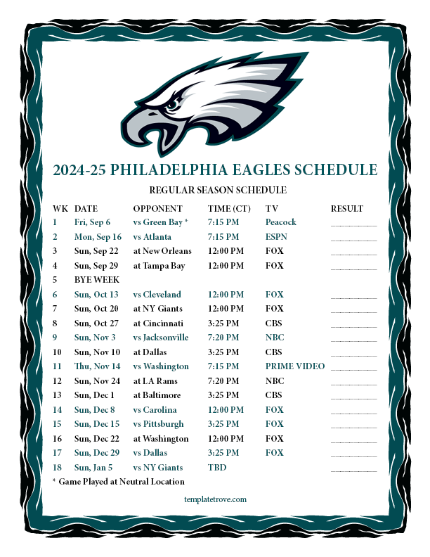 Printable 2024 2025 Philadelphia Eagles Schedule