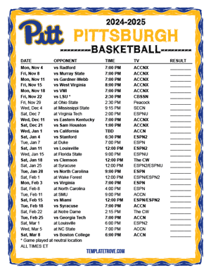 Pittsburgh Panthers Basketball 2024-25 Printable Schedule