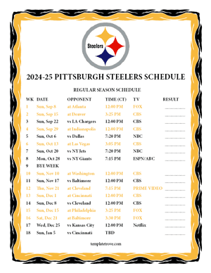 Pittsburgh Steelers 2024-25
 Printable Schedule - Central Times