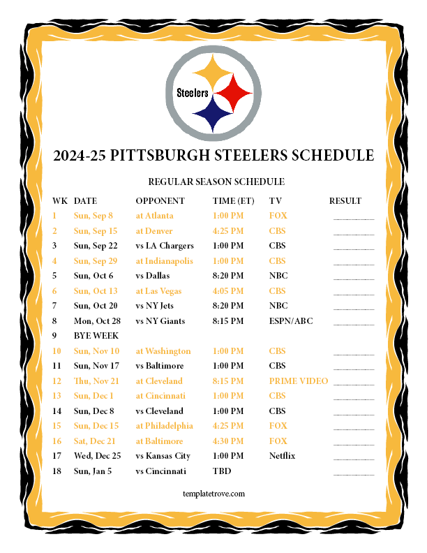 Printable 2024 2025 Pittsburgh Steelers Schedule