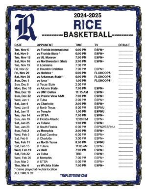 Rice Owls Basketball 2024-25 Printable Schedule - Central Times