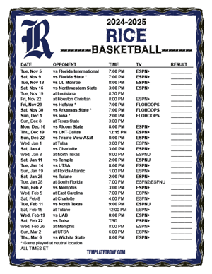 2024-25 Printable Rice Owls Basketball Schedule