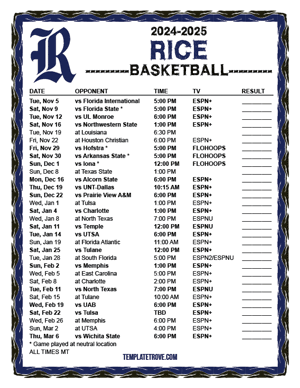 Rice Owls Basketball 2024-25 Printable Schedule - Mountain Times