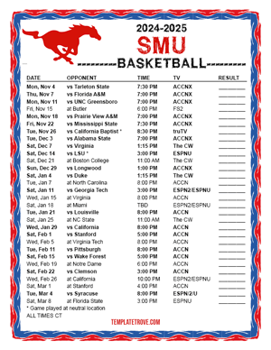 SMU Mustangs Basketball 2024-25 Printable Schedule - Central Times