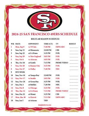 San Francisco 49ers 2024-25
 Printable Schedule - Central Times
