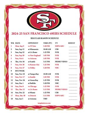 San Francisco 49ers 2024-25
 Printable Schedule - Pacific Times