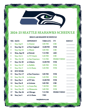 Seattle Seahawks 2024-25
 Printable Schedule - Central Times