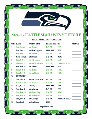 Seattle Seahawks 2024-25
 Printable Schedule - Mountain Times