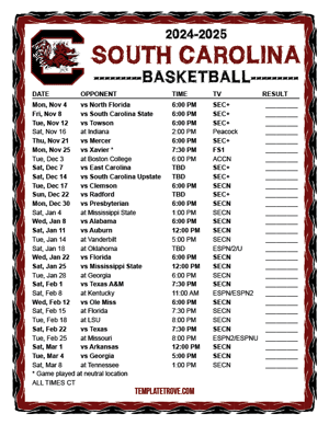 South Carolina Gamecocks Basketball 2024-25 Printable Schedule - Central Times