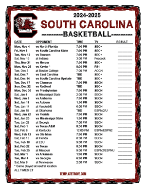 2024-25 Printable South Carolina Gamecocks Basketball Schedule