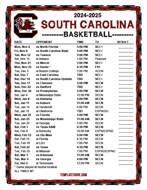 South Carolina Gamecocks Basketball 2024-25 Printable Schedule - Mountain Times