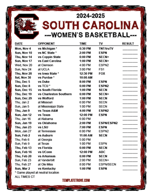 South Carolina Gamecocks Women's Basketball 2024-25 Printable Schedule - Central Times