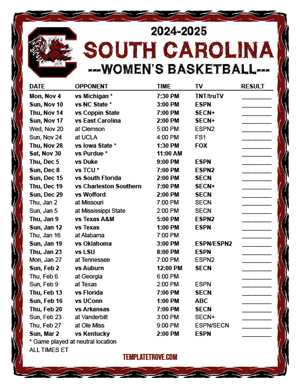 South Carolina Gamecocks Women's Basketball 2024-25 Printable Schedule