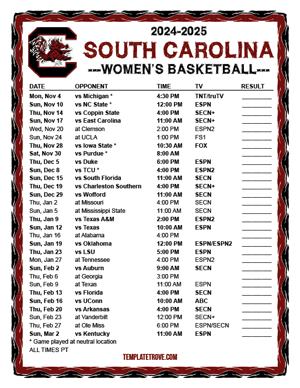 South Carolina Gamecocks Women's Basketball 2024-25 Printable Schedule - Pacific Times