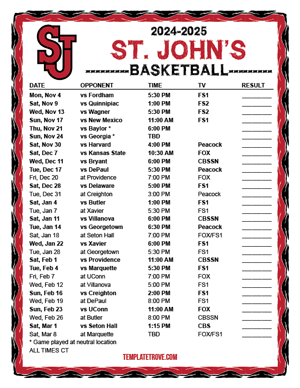 St. John's Red Storm Basketball 2024-25 Printable Schedule - Central Times