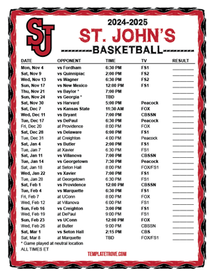 St. John's Red Storm Basketball 2024-25 Printable Schedule