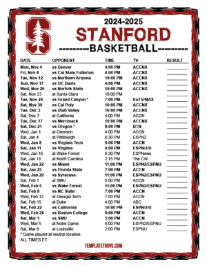 2024-25 Printable Stanford Cardinal Basketball Schedule