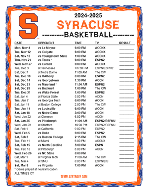 Syracuse Orange Basketball 2024-25 Printable Schedule - Central Times