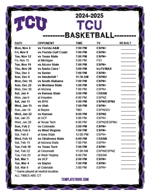 TCU Horned Frogs Basketball 2024-25 Printable Schedule - Central Times