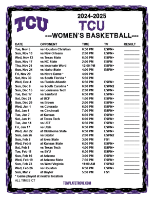 TCU Horned Frogs Women's Basketball 2024-25 Printable Schedule - Central Times