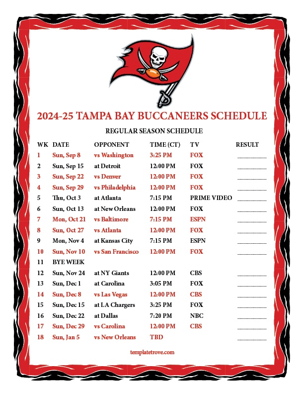 Printable 2024 2025 Tampa Bay Buccaneers Schedule