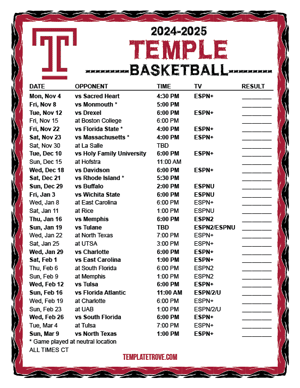 Temple Owls Basketball 2024-25 Printable Schedule - Central Times