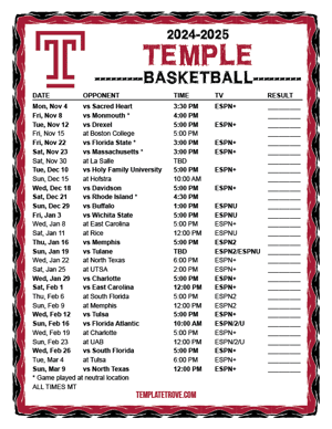 Temple Owls Basketball 2024-25 Printable Schedule - Mountain Times