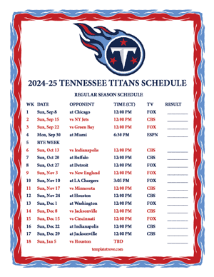 Tennessee Titans 2024-25
 Printable Schedule - Central Times