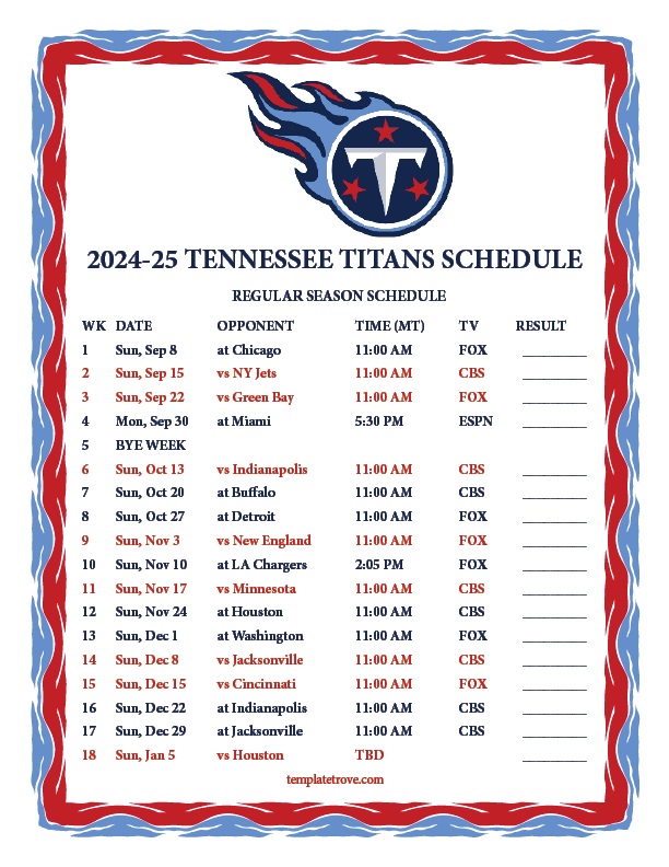 Printable 2024 2025 Tennessee Titans Schedule