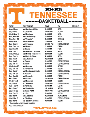 Tennessee Volunteers Basketball 2024-25 Printable Schedule - Central Times